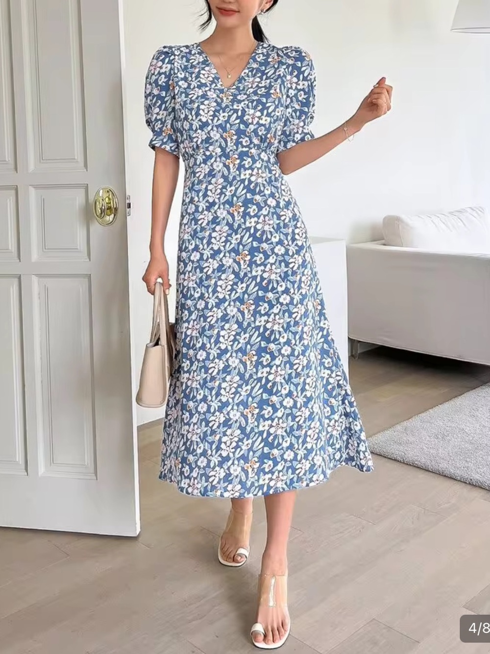 Blue Floral V-Neck Midi Dress